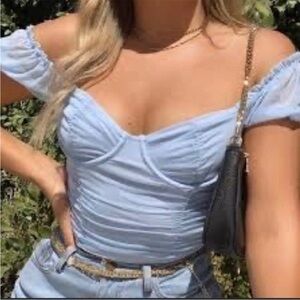 Just Polly Blue Milkmaid Peasant Crop Corset Top Fairy Core Boho Coquette Size S